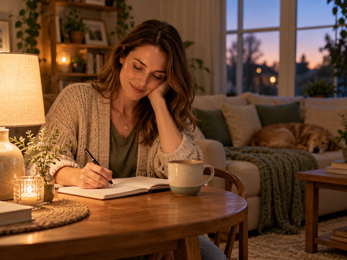 Mother writing a short tomorrow note beside a warm lamp in a quiet living room.